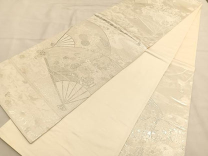 平和屋着物◎六通柄袋帯 唐織 美保姿 扇面花車文 銀糸 正絹 逸品 BAAU0810hv