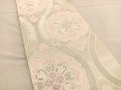 平和屋着物◎六通柄袋帯 唐織 立涌花文 銀糸 正絹 逸品 BAAU0813hv
