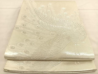 平和屋着物◎六通柄袋帯 孔雀 銀糸 正絹 逸品 BAAU0822hv