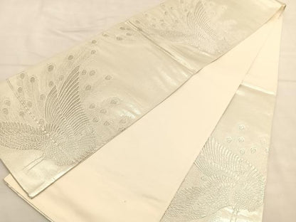 平和屋着物◎六通柄袋帯 孔雀 銀糸 正絹 逸品 BAAU0822hv