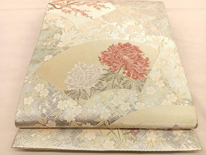 平和屋着物◎佐賀錦 六通柄袋帯 波涛草花扇面図 金銀糸 正絹 逸品 BAAU0841hv