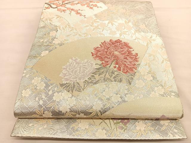 平和屋着物◎佐賀錦 六通柄袋帯 波涛草花扇面図 金銀糸 正絹 逸品 BAAU0841hv