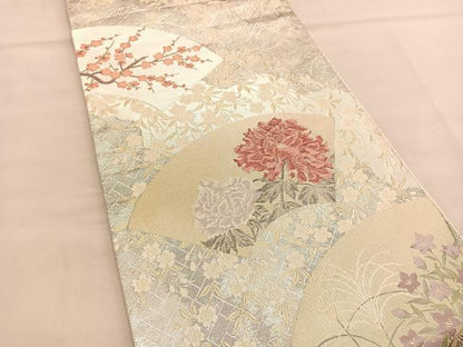 平和屋着物◎佐賀錦 六通柄袋帯 波涛草花扇面図 金銀糸 正絹 逸品 BAAU0841hv