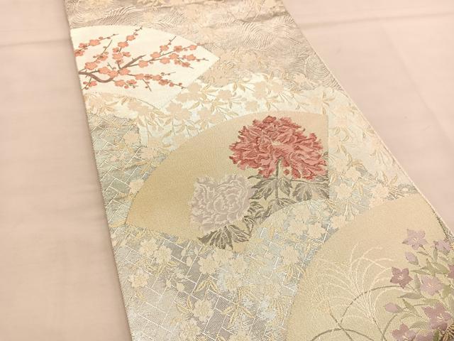 平和屋着物◎佐賀錦 六通柄袋帯 波涛草花扇面図 金銀糸 正絹 逸品 BAAU0841hv