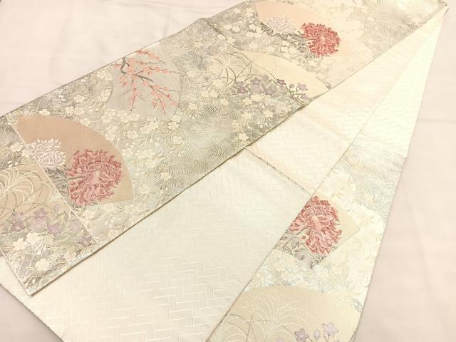 平和屋着物◎佐賀錦 六通柄袋帯 波涛草花扇面図 金銀糸 正絹 逸品 BAAU0841hv