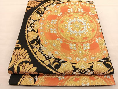 平和屋着物◎六通柄袋帯 花丸文 黒地 金銀糸 正絹 逸品 BAAU0843hv