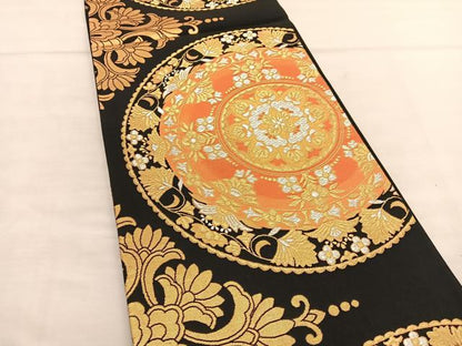 平和屋着物◎六通柄袋帯 花丸文 黒地 金銀糸 正絹 逸品 BAAU0843hv