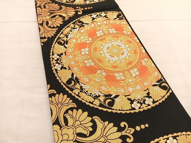 平和屋着物◎六通柄袋帯 花丸文 黒地 金銀糸 正絹 逸品 BAAU0843hv