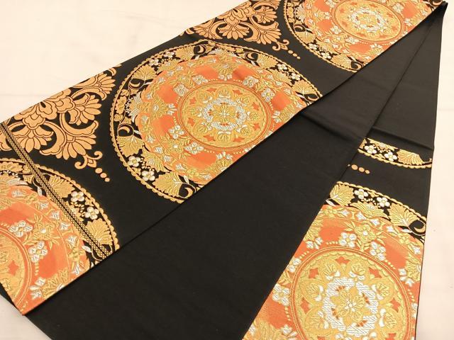 平和屋着物◎六通柄袋帯 花丸文 黒地 金銀糸 正絹 逸品 BAAU0843hv