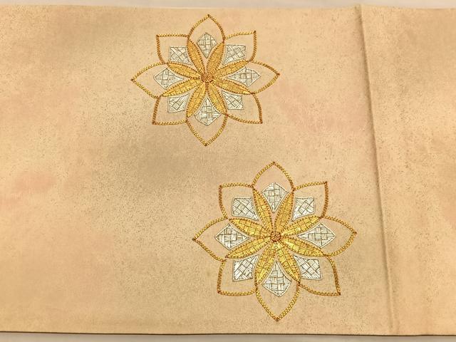 平和屋着物◎太鼓柄袋帯　総駒刺繍　飾花文　銀彩　正絹　逸品　BAAU0847hv