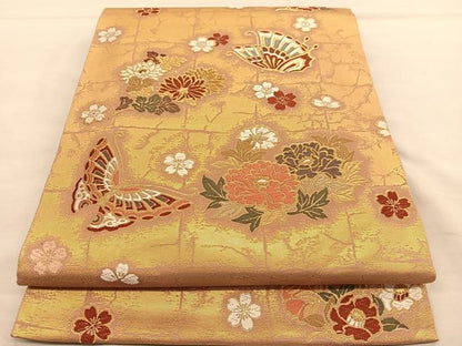 平和屋着物◎六通柄袋帯 唐織 花蝶文 金糸 正絹 逸品 BAAU0886hv
