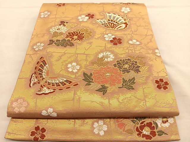 平和屋着物◎六通柄袋帯 唐織 花蝶文 金糸 正絹 逸品 BAAU0886hv