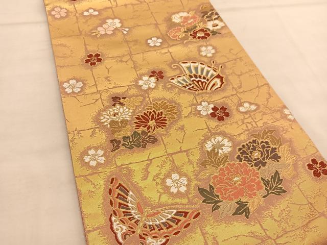 平和屋着物◎六通柄袋帯 唐織 花蝶文 金糸 正絹 逸品 BAAU0886hv