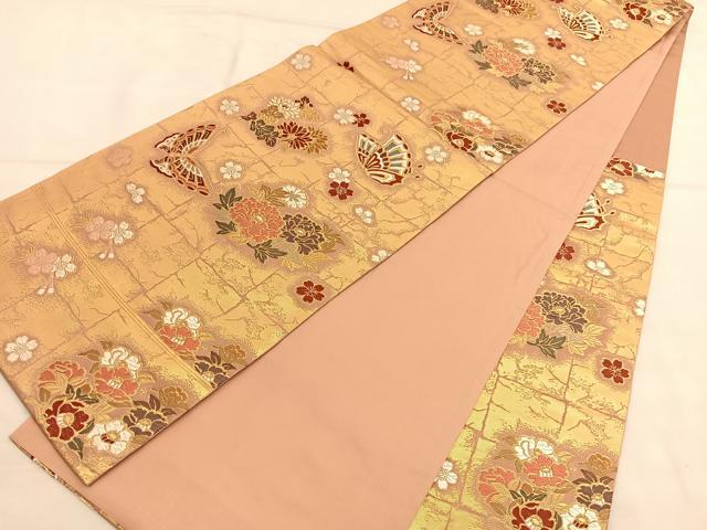 平和屋着物◎六通柄袋帯 唐織 花蝶文 金糸 正絹 逸品 BAAU0886hv