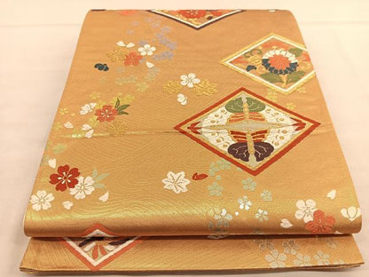 平和屋着物◎六通柄袋帯 唐織 向かい蝶菱花文 金糸 正絹 逸品 BAAU0892hv