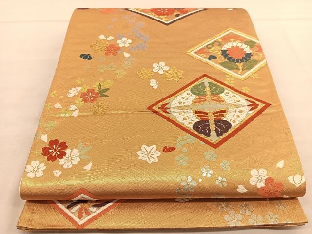 平和屋着物◎六通柄袋帯 唐織 向かい蝶菱花文 金糸 正絹 逸品 BAAU0892hv