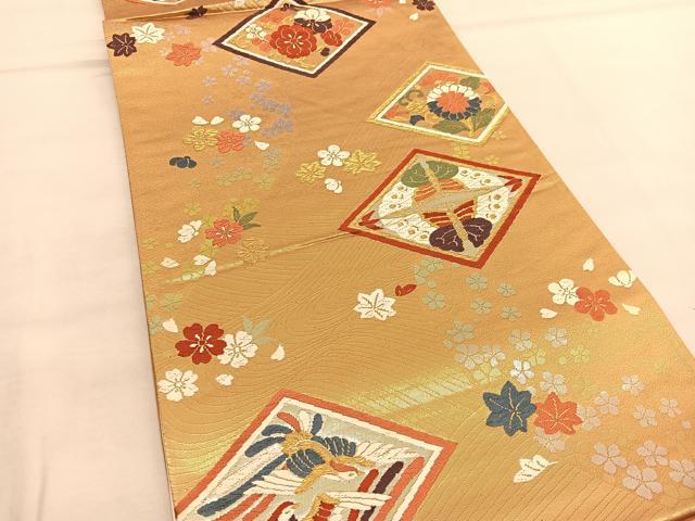 平和屋着物◎六通柄袋帯 唐織 向かい蝶菱花文 金糸 正絹 逸品 BAAU0892hv