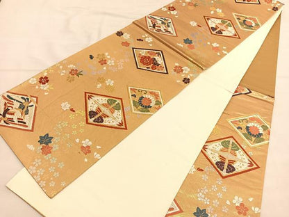 平和屋着物◎六通柄袋帯 唐織 向かい蝶菱花文 金糸 正絹 逸品 BAAU0892hv