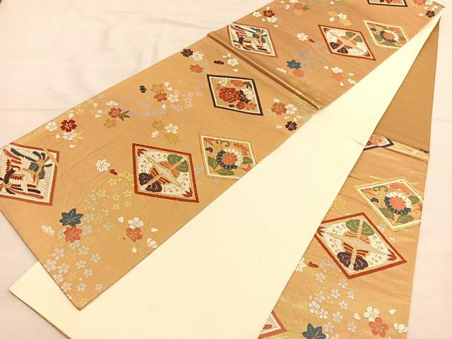 平和屋着物◎六通柄袋帯 唐織 向かい蝶菱花文 金糸 正絹 逸品 BAAU0892hv