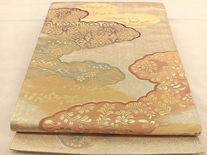 平和屋着物◎六通柄袋帯 唐織 雲取カスミ文 金糸 正絹 逸品 BAAU0902hv
