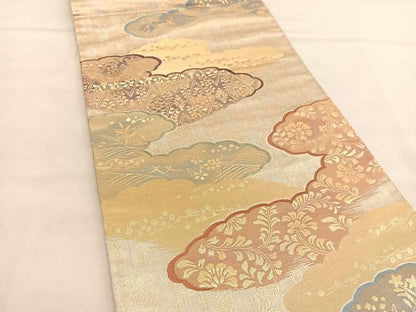 平和屋着物◎六通柄袋帯 唐織 雲取カスミ文 金糸 正絹 逸品 BAAU0902hv