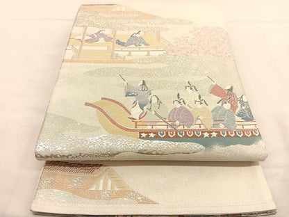 平和屋着物◎太鼓柄袋帯 渡橋人物風景文 銀糸 銀通し地 正絹 逸品 BAAU0922hv