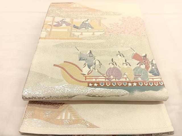 平和屋着物◎太鼓柄袋帯 渡橋人物風景文 銀糸 銀通し地 正絹 逸品 BAAU0922hv