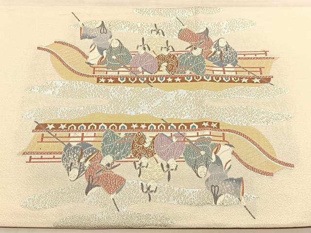 平和屋着物◎太鼓柄袋帯 渡橋人物風景文 銀糸 銀通し地 正絹 逸品 BAAU0922hv