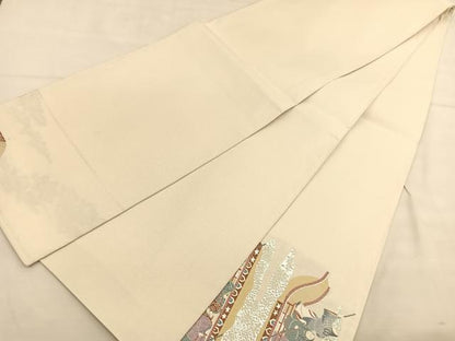平和屋着物◎太鼓柄袋帯 渡橋人物風景文 銀糸 銀通し地 正絹 逸品 BAAU0922hv