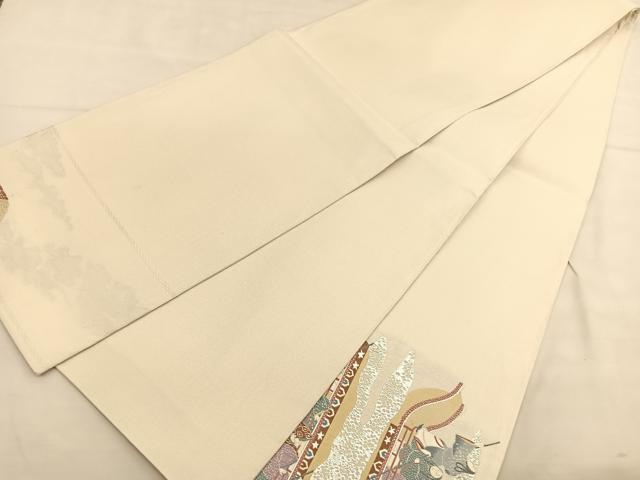 平和屋着物◎太鼓柄袋帯 渡橋人物風景文 銀糸 銀通し地 正絹 逸品 BAAU0922hv