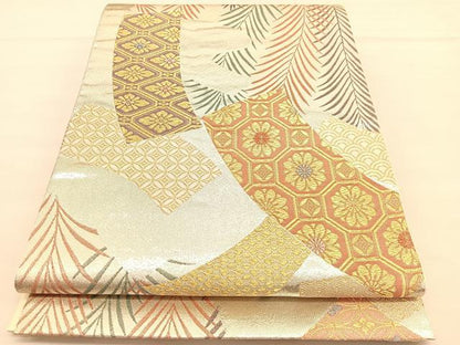 平和屋着物◎六通柄袋帯 短冊有職草花文 金糸 正絹 逸品 BAAU0923hv