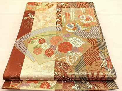 平和屋着物◎六通柄袋帯　唐織　鴛鴦花文　金糸　正絹　逸品　BAAU0928hv