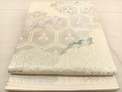 平和屋着物◎六通柄袋帯　唐織　流水亀甲花文　銀糸　正絹　逸品　BAAU0956hv