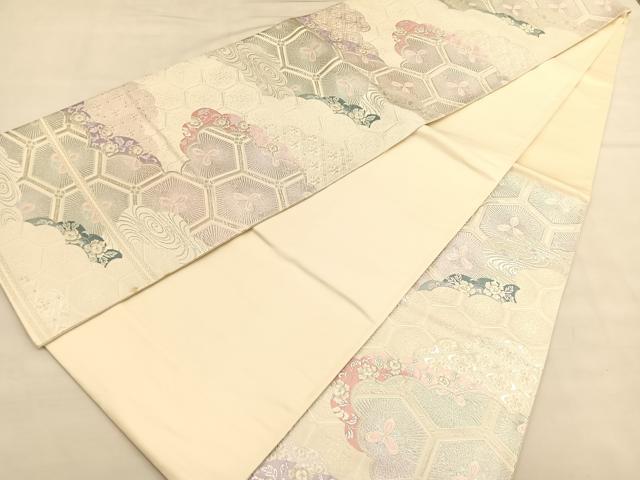 平和屋着物◎六通柄袋帯　唐織　流水亀甲花文　銀糸　正絹　逸品　BAAU0956hv