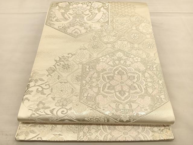 平和屋着物◎六通柄袋帯 唐織 向かい鳳凰亀甲花文 銀糸 正絹 逸品 BAAU0969hv