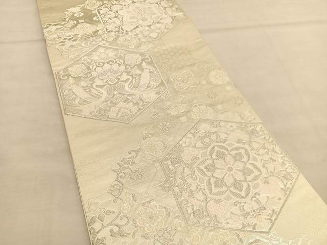 平和屋着物◎六通柄袋帯 唐織 向かい鳳凰亀甲花文 銀糸 正絹 逸品 BAAU0969hv