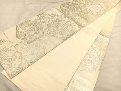 平和屋着物◎六通柄袋帯 唐織 向かい鳳凰亀甲花文 銀糸 正絹 逸品 BAAU0969hv