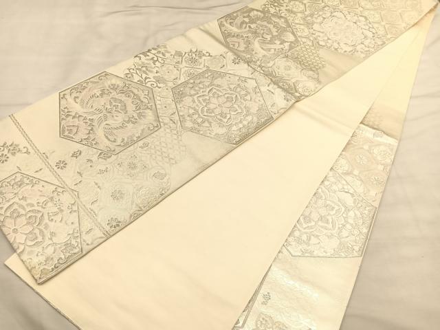 平和屋着物◎六通柄袋帯 唐織 向かい鳳凰亀甲花文 銀糸 正絹 逸品 BAAU0969hv
