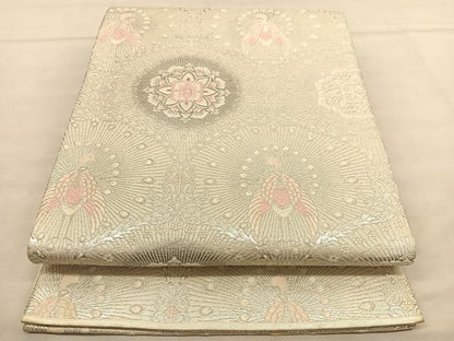 平和屋着物◎六通柄袋帯 唐織 孔雀花文 銀糸 正絹 逸品 BAAU0977hv