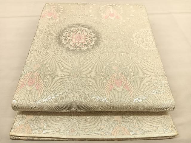 平和屋着物◎六通柄袋帯 唐織 孔雀花文 銀糸 正絹 逸品 BAAU0977hv