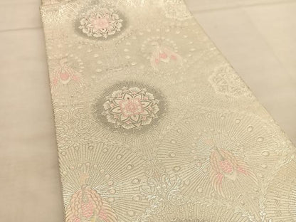 平和屋着物◎六通柄袋帯 唐織 孔雀花文 銀糸 正絹 逸品 BAAU0977hv