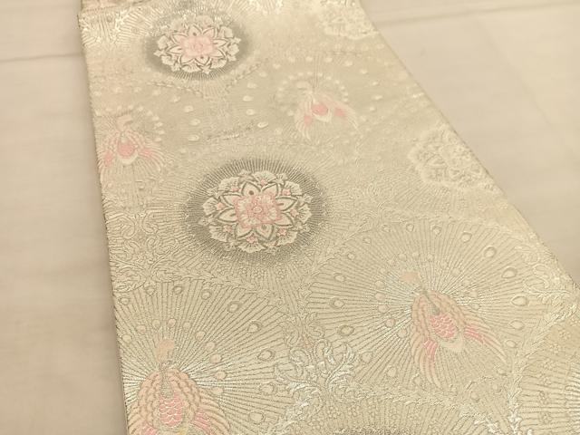 平和屋着物◎六通柄袋帯 唐織 孔雀花文 銀糸 正絹 逸品 BAAU0977hv