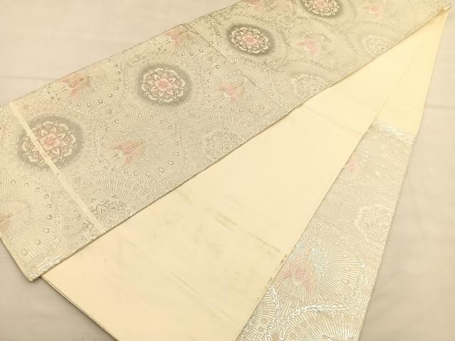 平和屋着物◎六通柄袋帯 唐織 孔雀花文 銀糸 正絹 逸品 BAAU0977hv