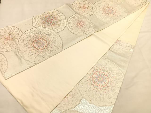 平和屋着物◎六通柄袋帯 唐織 花絵皿 金銀糸 正絹 逸品 BAAU0979hv