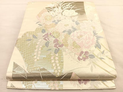 平和屋着物◎六通柄袋帯 唐織 扇面牡丹花文 金銀糸 正絹 逸品 BAAU1001hv