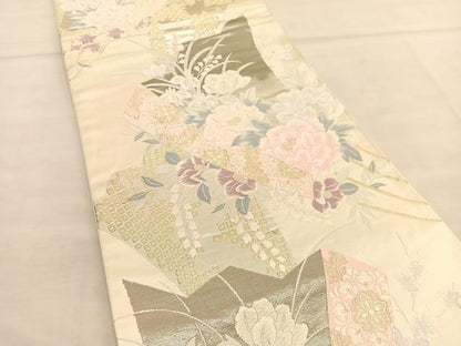 平和屋着物◎六通柄袋帯 唐織 扇面牡丹花文 金銀糸 正絹 逸品 BAAU1001hv