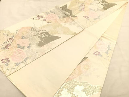 平和屋着物◎六通柄袋帯 唐織 扇面牡丹花文 金銀糸 正絹 逸品 BAAU1001hv