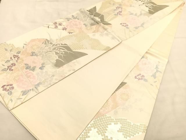 平和屋着物◎六通柄袋帯 唐織 扇面牡丹花文 金銀糸 正絹 逸品 BAAU1001hv