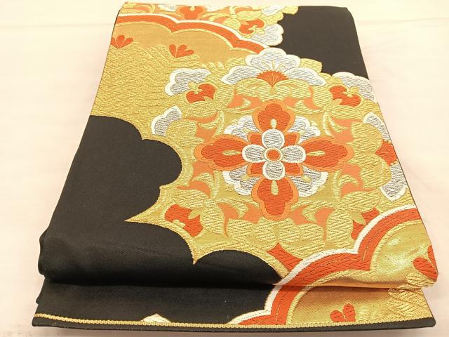 平和屋着物◎六通柄袋帯 唐織 宝相華 黒地 金銀糸 正絹 逸品 BAAU1007hv