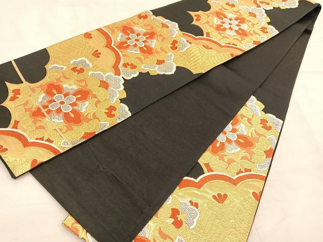 平和屋着物◎六通柄袋帯 唐織 宝相華 黒地 金銀糸 正絹 逸品 BAAU1007hv